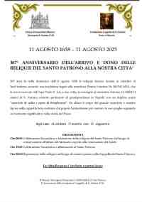 367� Anniversario dell\'arrivo e dono delle Reliquie del Santo Patrono alla nostra citt�