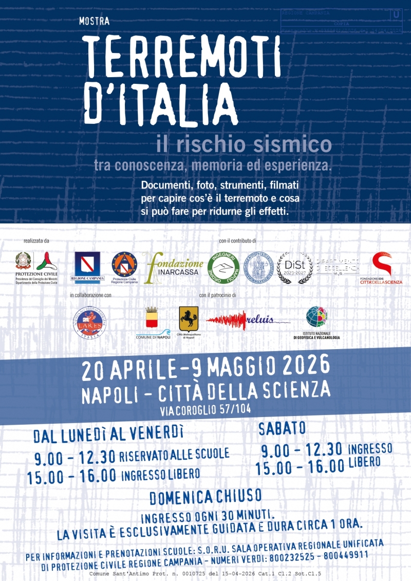 Mostra itinerante �Terremoti d�Italia. Il rischio sismico tra conoscenza, memoria ed  esperienza�. Napoli, Citt� della Scienza, 20 aprile � 9 maggio 2026.