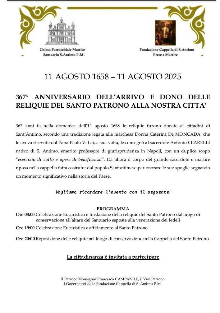 367� Anniversario dell\'arrivo e dono delle Reliquie del Santo Patrono alla nostra citt�